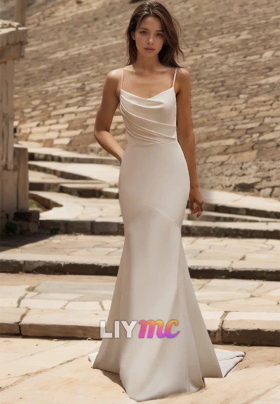 Trendy Urban Attire Scoop Spaghetti Straps Sleek Mermaid Beach Wedding Dress