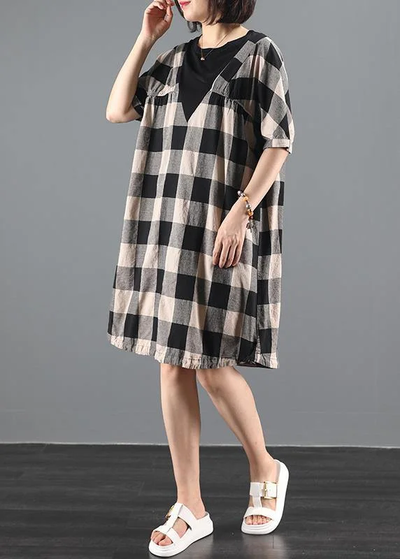 Affordable Women's Fashion Bohemian o neck patchwork summer clothes linen black plaid Dresses