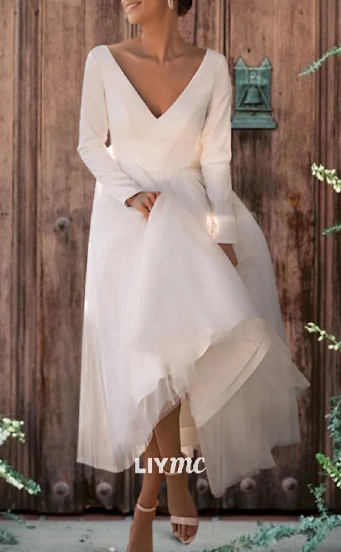 Trendy Fashion For Women LW693 - V-Neck Long Sleeves A-Line Sleek Satin Beach Wedding Dress