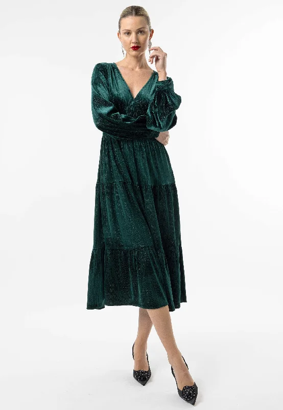 Urban Femme Streetwear Velvet Gold Lurex Thread Midi Dress in Emerald Green