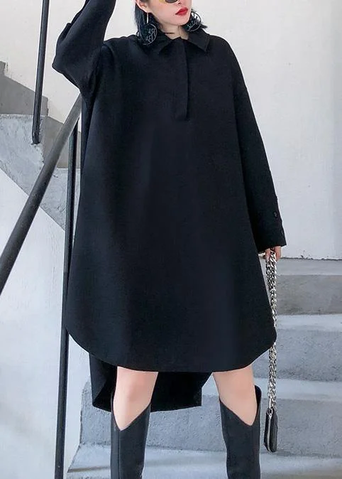 Women's Clothing Brands French black Cotton tunic pattern low high design loose POLO collar Dress