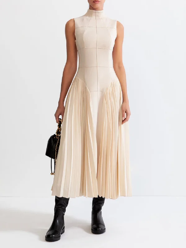 Imeless Style Unique Pleated Paneled Charming Sleeveless Midi Dress