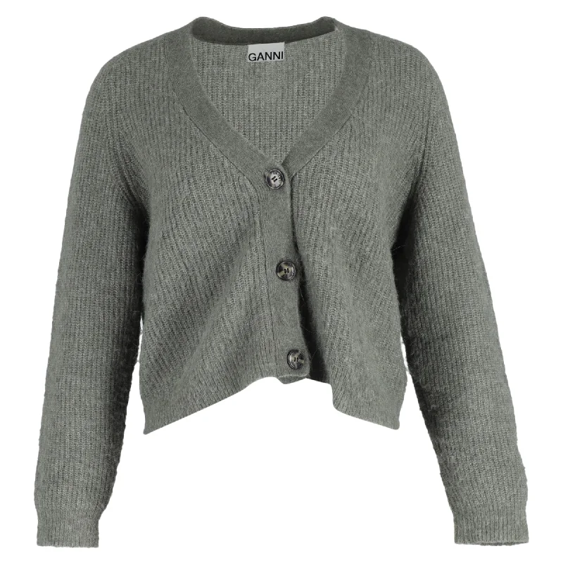 End of Season Sale Ganni V-Neck Buttoned Cardigan in Olive Green Wool