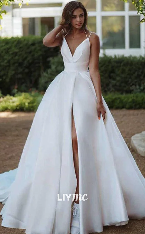 Trendy Street Style Clothing LW631 - A-Line Princess V-neck Sweep Train Satin Wedding Dresses With Leg Slit