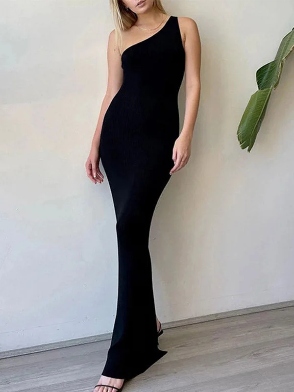 Trendy Online Boutiques Backless Split One Shoulder Ribbed Maxi Dress