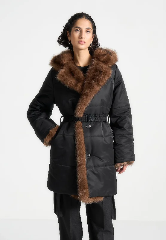 Catch Every Fashion Trend Fur Longline Belted Coat - Black