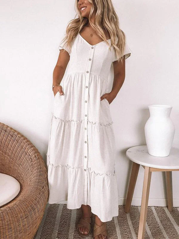 Casual and Comfortable Outfits Button Up Frill Trim Dress