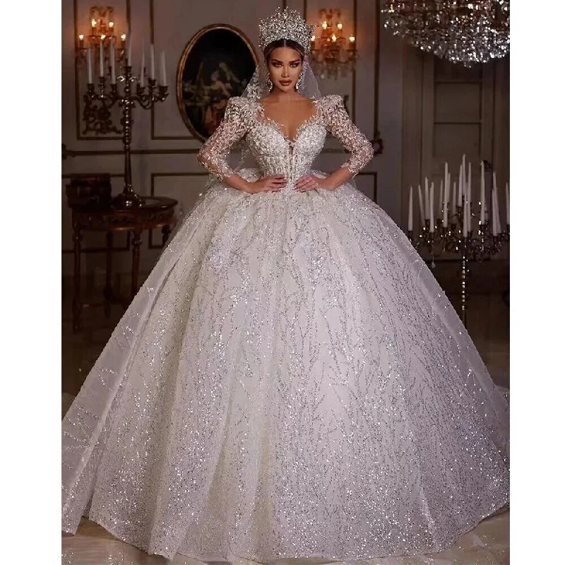 Chic Style Ball Gown Royal Wedding Dresses Sweetheart Long Sleeve Robe De Mariee Lace Beaded Princess Glitter Vestido De Novia