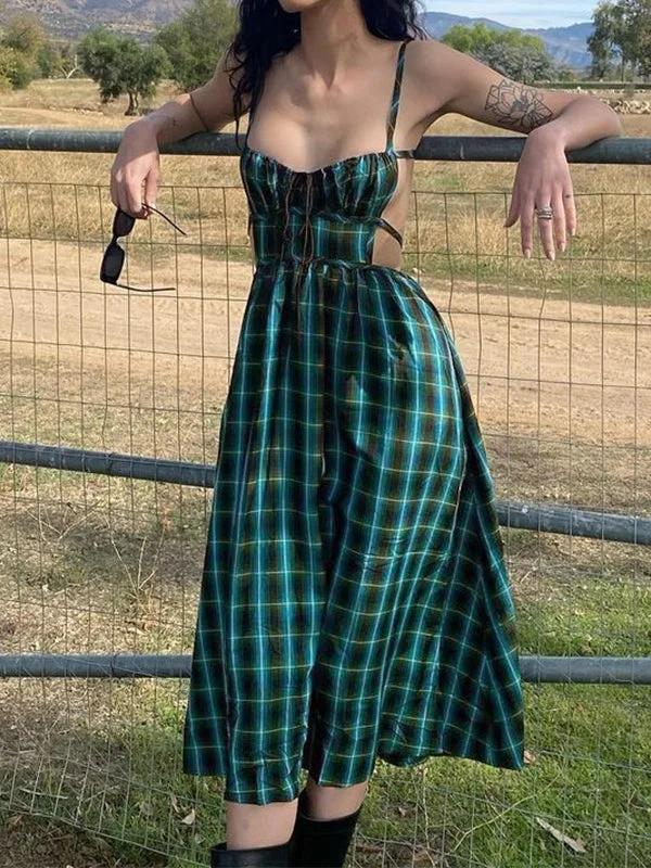 Discount Store Backless Green Checkered Maxi Dress