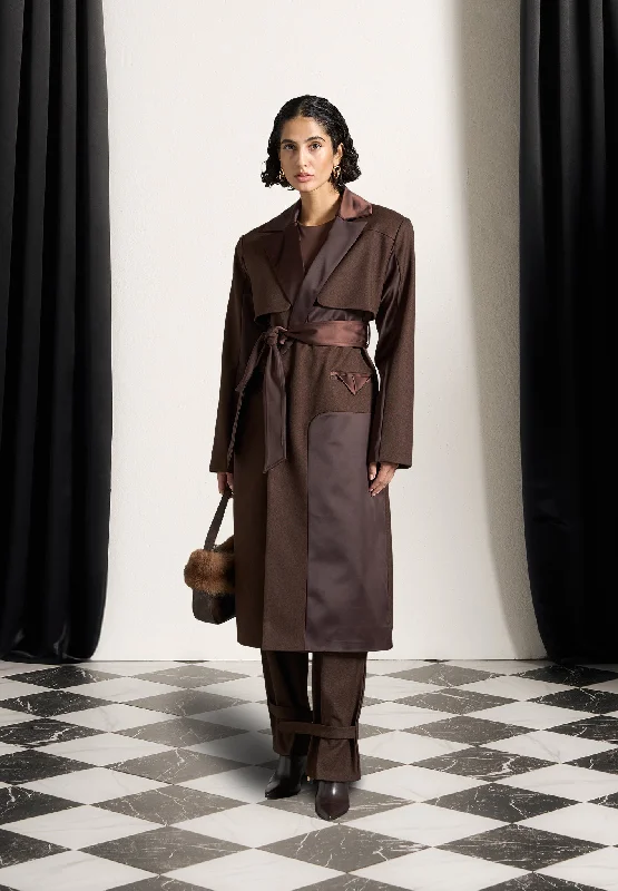 Stylish Dresses for Women Tailored Satin Trench Coat - Brown