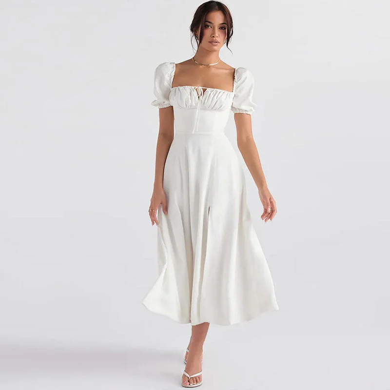 Casual Dresses for Women Puff Sleeve Tie Front High Split Off Shoulder Midi Sundress - White