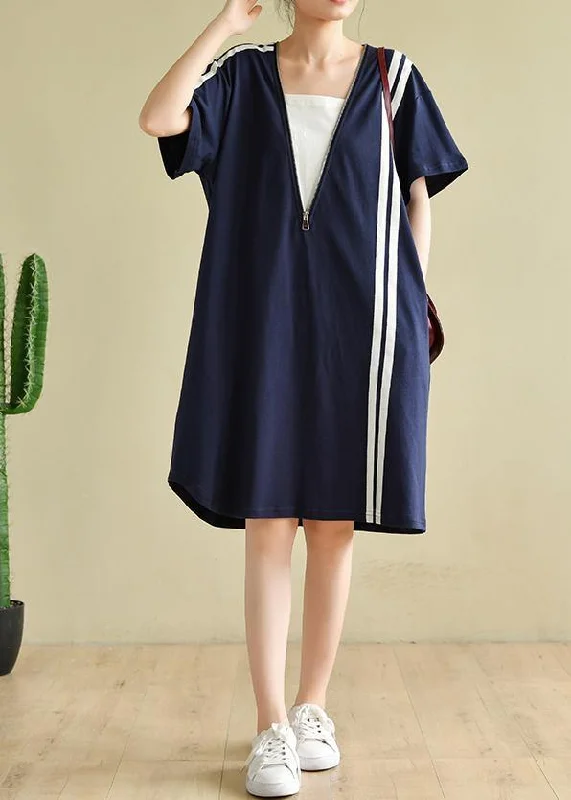 Casual Women's Clothing Online French patchwork zippered clothes Tunic Tops navy Dress