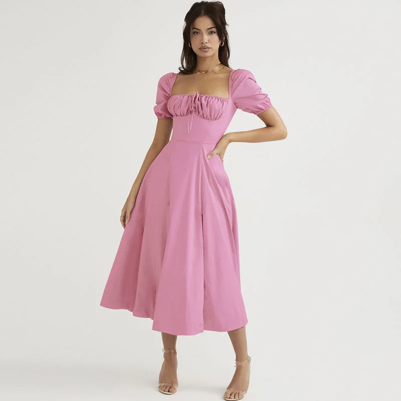 Evening Looks Puff Sleeve Tie Front High Split Off Shoulder Midi Sundress - Pink