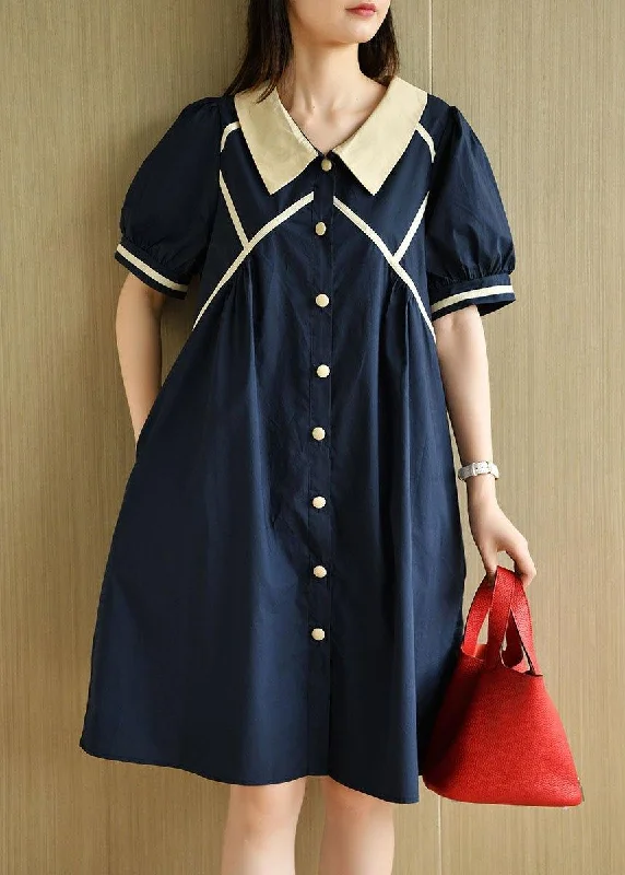 Wardrobe Refresh Chic Navy Peter Pan Collar Button Summer Cotton Dress Short Sleeve