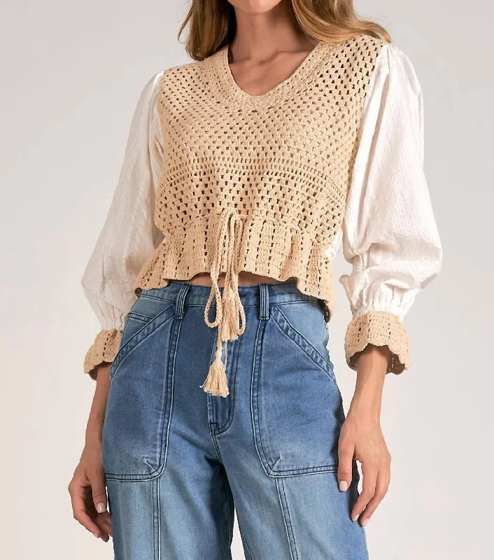 Snag Fabulous Fashion Bargains 3/4 Sleeve Crochet Yarn Top In Tan