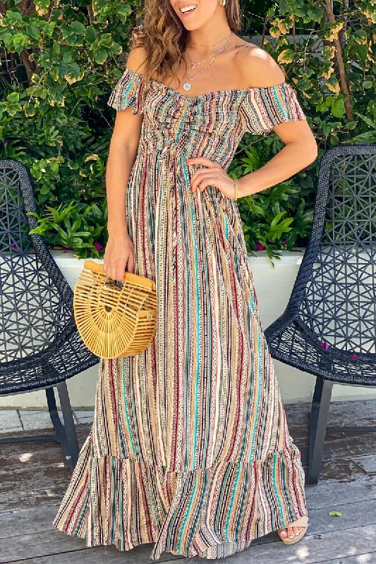 Casual Fashion Trends for Women Bohemian Striped Patchwork Flounce Off the Shoulder A Line Dresses