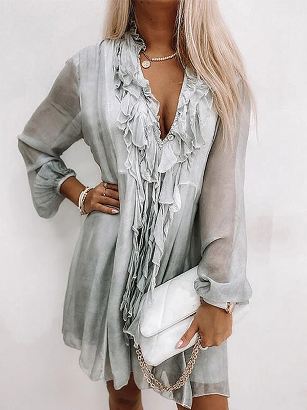 Big Discounts V Neck Long Sleeve Ruffle Midi Dress