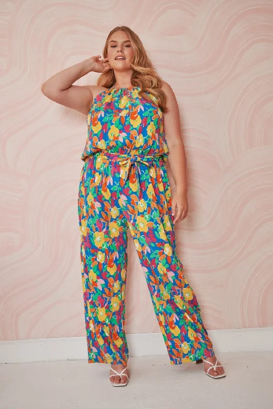 Vibrant Femme Fashion Yara Rainbow Floral Lighthearted Trapeze Jumpsuit Curve