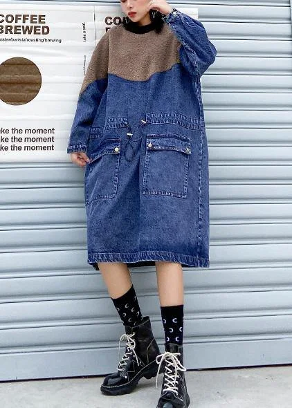 Clothes For Women Handmade denim blue cotton quilting dresses drawstring long patchwork Dresses