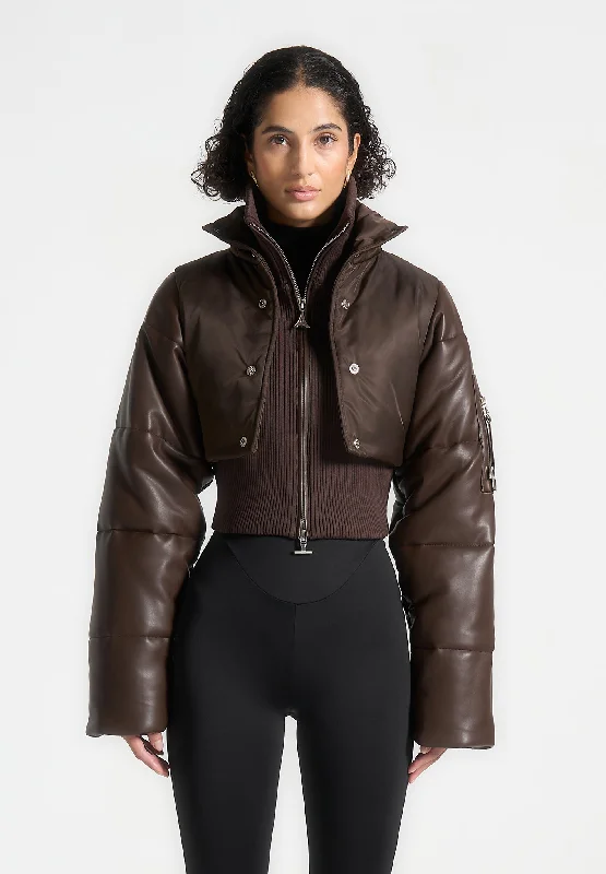 Unique Women's Fashion Pieces Leather and Nylon Layered Puffer Jacket - Brown