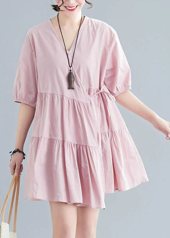 Women's Clothing Online Plus Size Pink V Neck Cinched Ankle Summer Cotton Dress