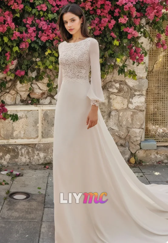 Everyday Women's Fashion Trends Scoop Long Sleeves Appliques A-Line Beach Wedding Dress