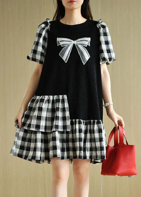 Versatile Wardrobe Essentials French Black Patchwork Plaid Summer Puff Sleeve Dresses