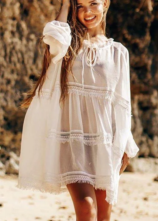 Woman Clothing Unique White Patchwork Hollow Out Beach Gown Robe  Chiffon Dress