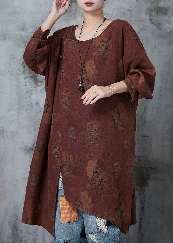 Eclectic Fashion Art Dull Orange Asymmetrical Print Linen Oriental Dresses Spring