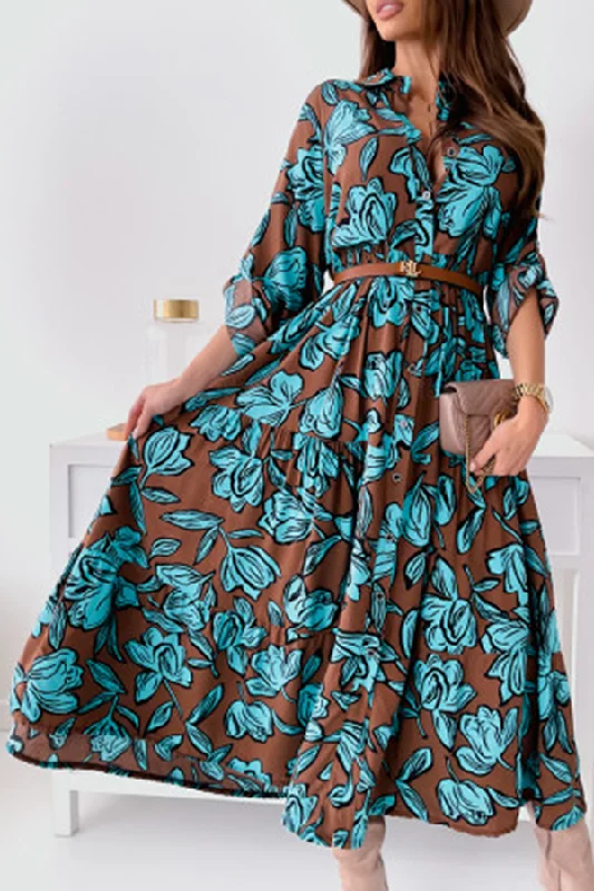 Early Bird Offer Elegant Floral Patchwork Buckle Turndown Collar A Line Dresses