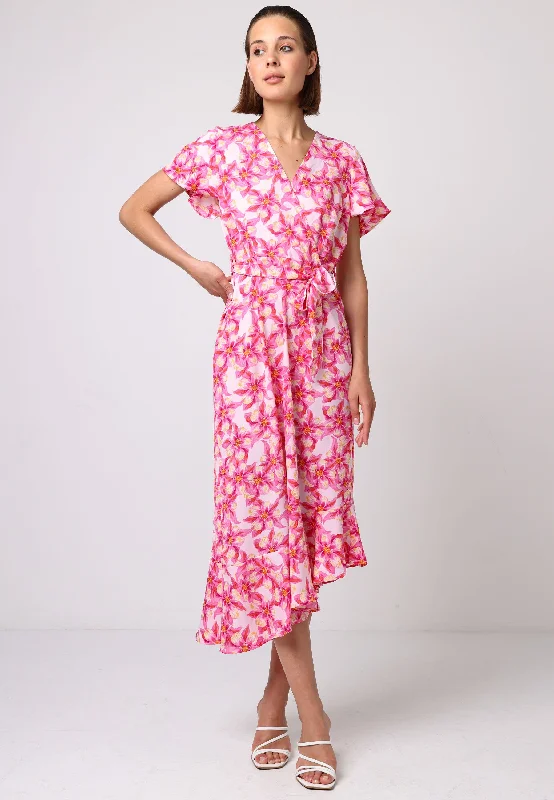 Relaxed Fit Women's Fashion Faux Wrap Ruffled Bias Hem Midi Dress In Pink Floral Print