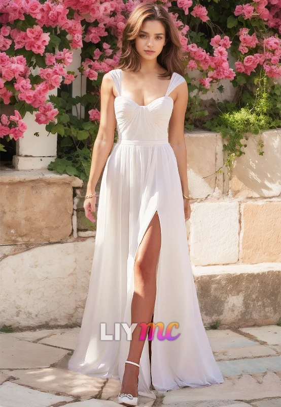 Elegant Simplicity Wardrobe Sweetheart Straps Sleeveless Pleated Side Slit A-Line Beach Wedding Dress