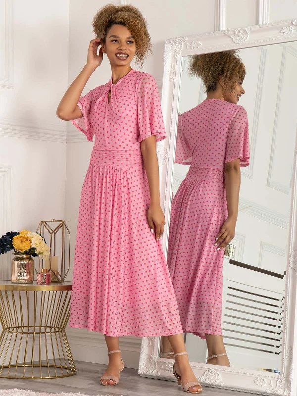 Chic & Cozy Collection Jolie Moi Danika Keyhole Neck Mesh Dress, Pink Polka