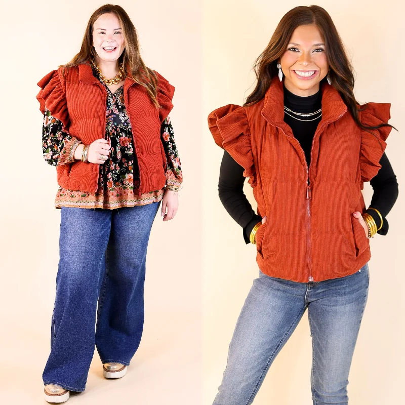 Exclusive Designer Collection Winter Wanderlust Corduroy Puffer Vest with Ruffle Sleeves in Rust Red