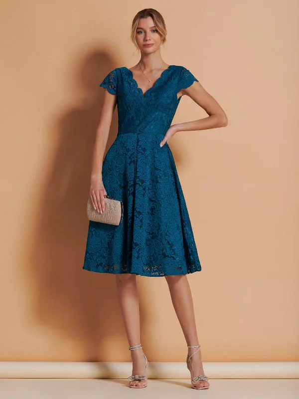 Stylish Basics 1950s Cap Sleeve Lace Prom Dress, Petrol Blue