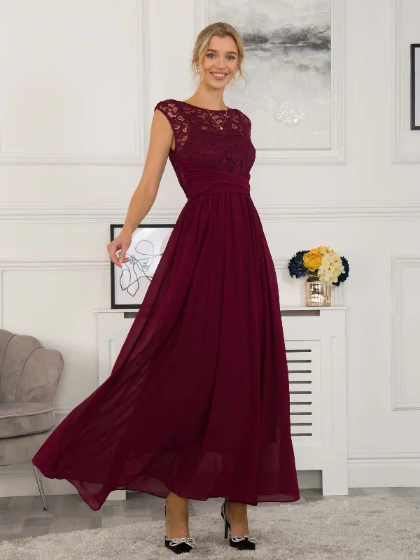 Casual Dresses for Women Lace Bodice Chiffon Maxi Bridesmaid Dress, Burgundy