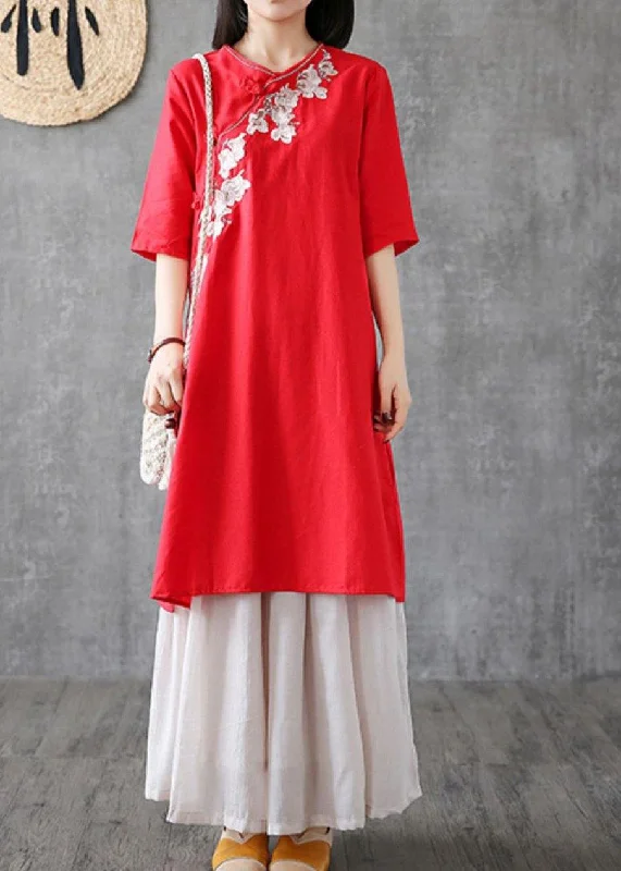 Timeless Elegance Chic red cotton dresses embroidery Chinese Button short  Dress