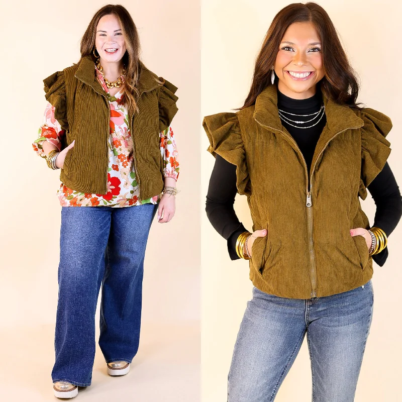 Trendy Aesthetics Winter Wanderlust Corduroy Puffer Vest with Ruffle Sleeves in Olive Green