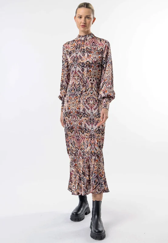 Colorful Clothing High Neck Long Tea Satin Dress in Tan Paisley Print