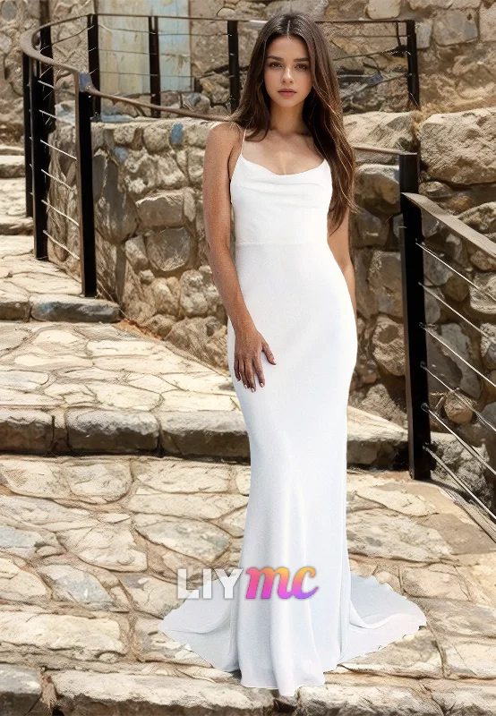 Seasonal Trends Scoop Spaghetti Straps Sleek Lace-Up Mermaid Beach Wedding Dress