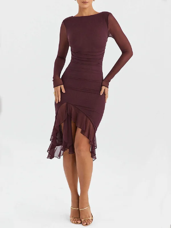 Women's Clothing Boutique Wine Ruffle Stylish Midi Dress