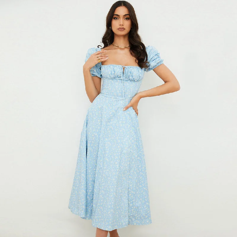 Style Redefined Daisy Printed Puff Sleeve High Slit Smock Maxi Sundress - Sky Blue