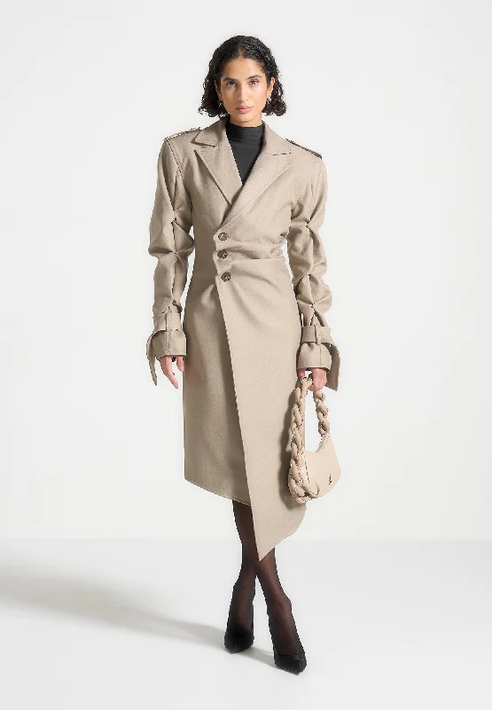 Massive Savings Tacked Sleeve Asymmetric Tailored Trench Coat - Beige