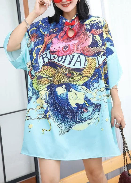 Effortless Chic Apparel Modern prints Cotton clothes Sewing blue Chinese Button Dress summer