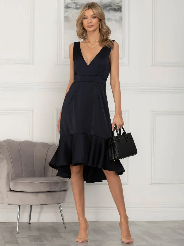 Fashionista Favorites Jolie Moi Annabeth V Neck Flare Dress, Navy