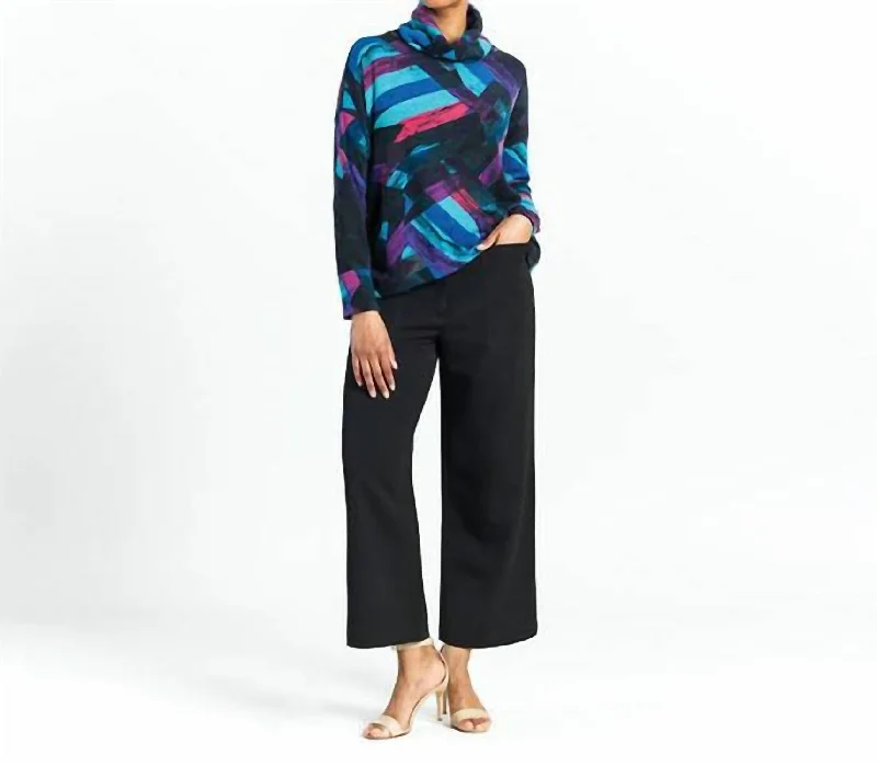 Versatile Wardrobe Essentials Ribbon Print Turtleneck Sweater W/tipped Hem In Turquoise Multi