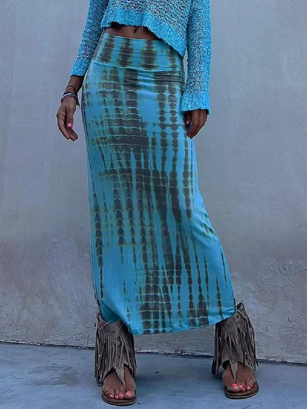 Runway Inspired Wear Tie-Dye Elastic Stylish Waist Maxi Skirt