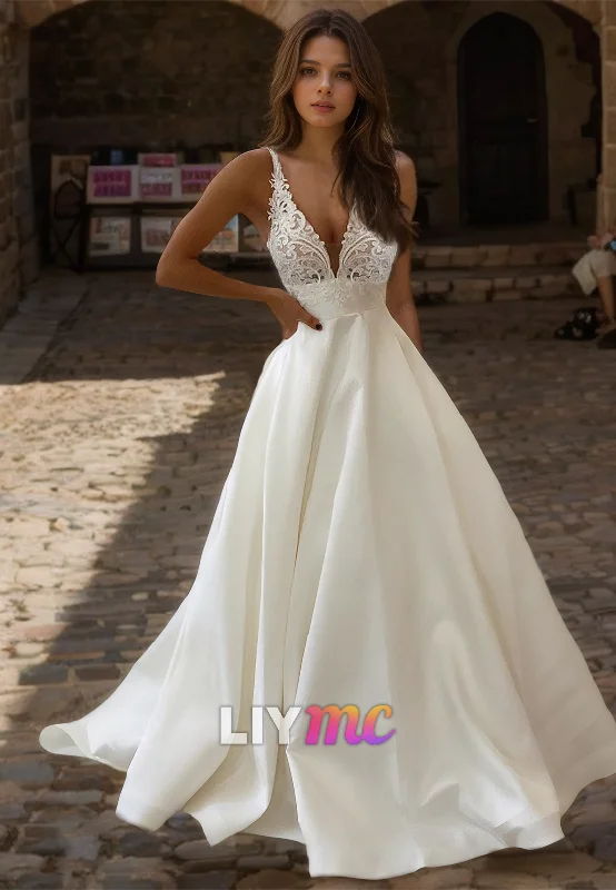 Exclusive Sale V-Neck Straps Lace Appliques Pleated A-Line Wedding Dress