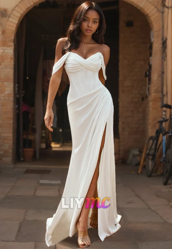 Style Revolution Off-Shoulder Strapless Ruched High Slit Sheath Beach Wedding Dress