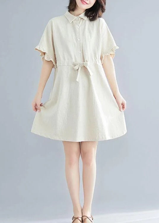 Affordable Online Boutiques Comfy Beige tie waist Cotton Button Summer Day Dress